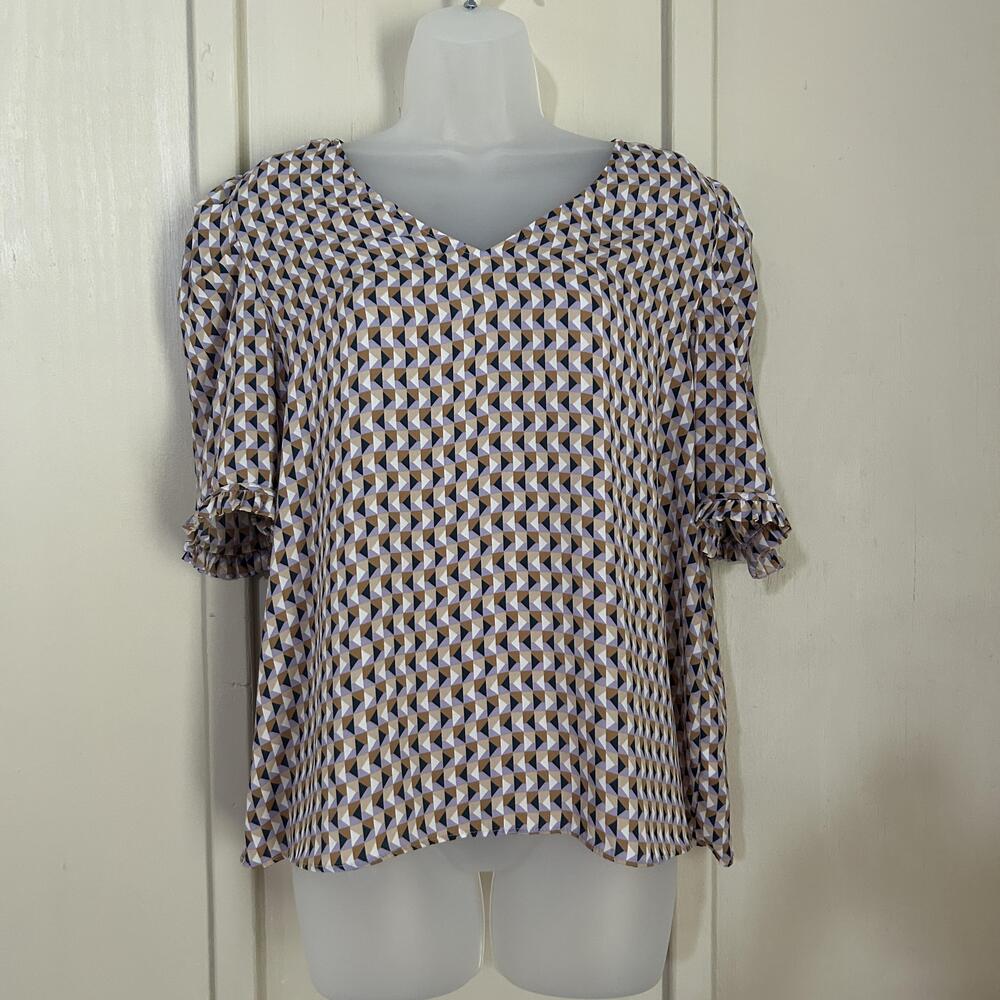 Worthington Blouse Womens Large Multicolor V Neck Short Puff Sleeve Top